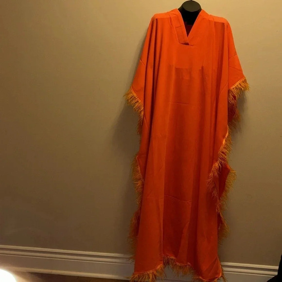 Vintage 1970’s Couture style Fashion Satin Osteich Feather Trim Kaftan - Picture 8 of 15